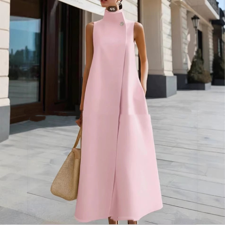 Solid-color Stand-up Collar Sleeveless Loose Cotton Dress