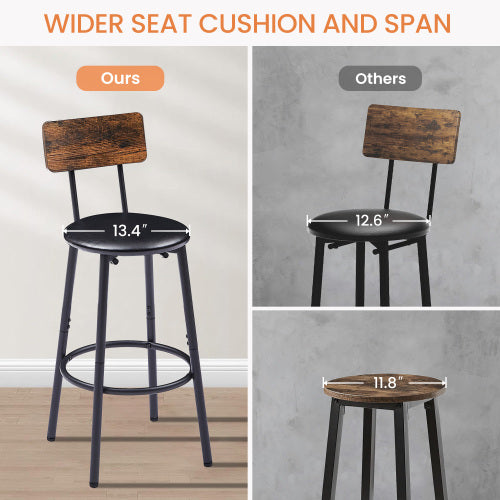 Bar Table Set With 2 Bar Stools PU Soft Seat With Backrest, Rustic Brown