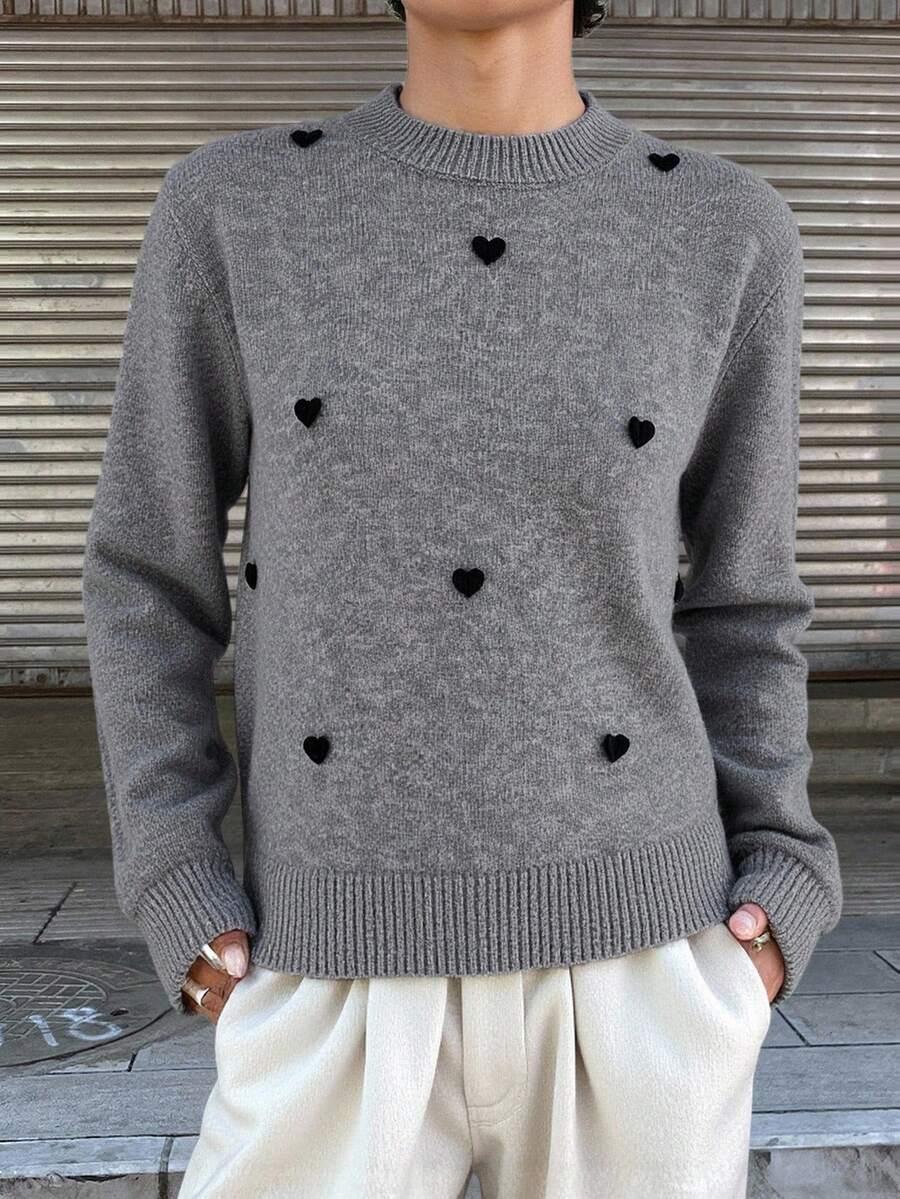 Suéter de punto jacquard con cuello redondo y corazón para mujer