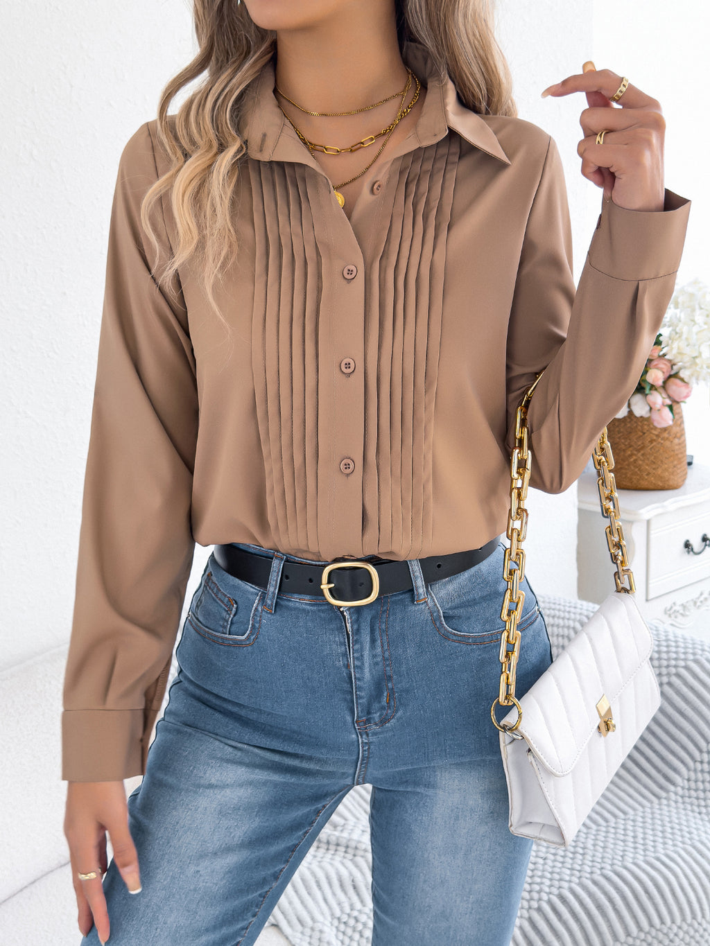Women's Elegant Crinkled Solid Color Button Long Sleeve Office Shirt
