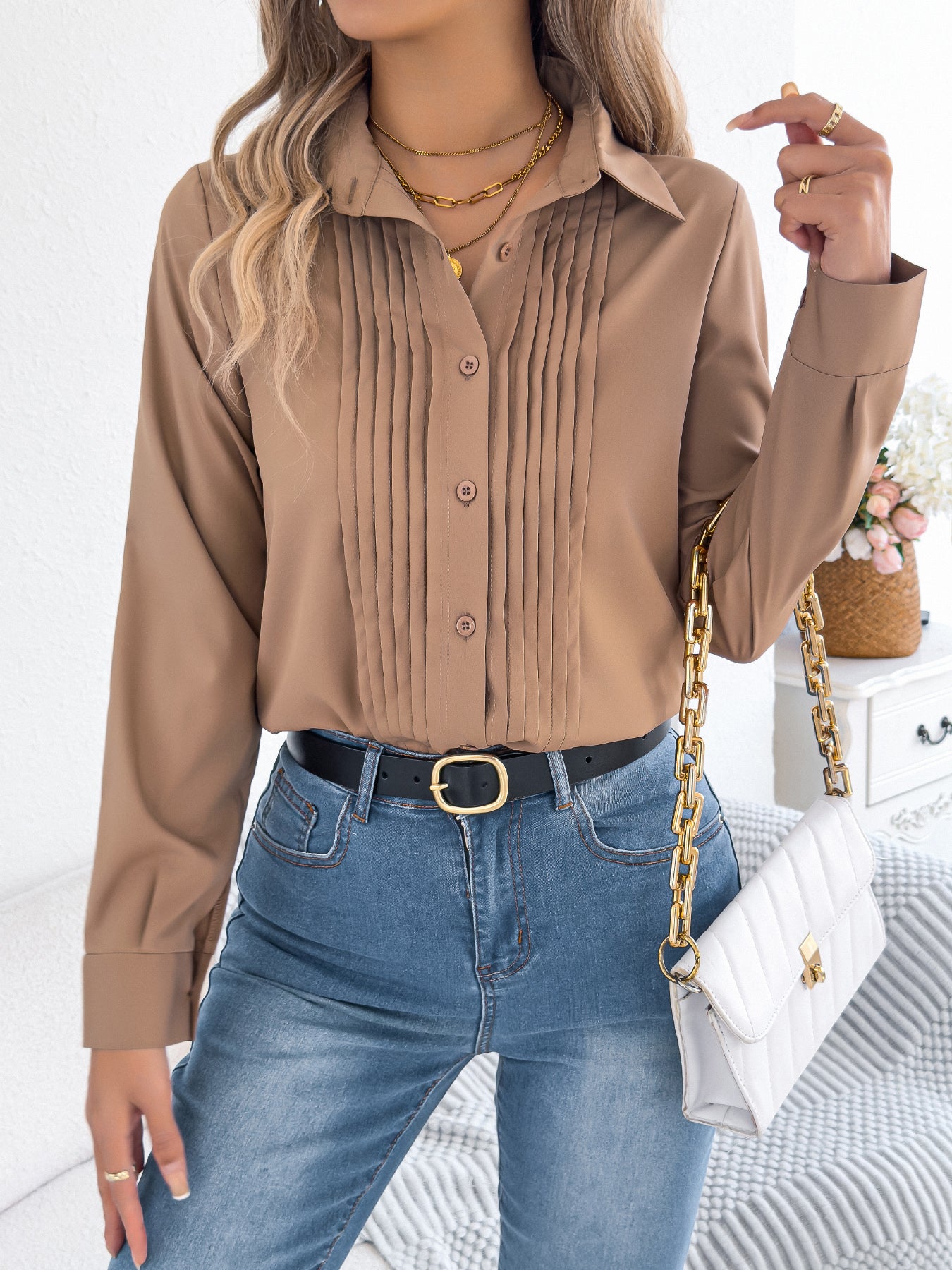 Women's Elegant Crinkled Solid Color Button Long Sleeve Office Shirt
