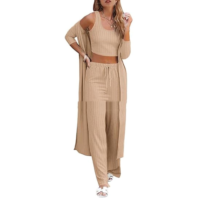 Conjunto de ropa de estar por casa para mujer de tres piezas: chaleco, pantalón y bata