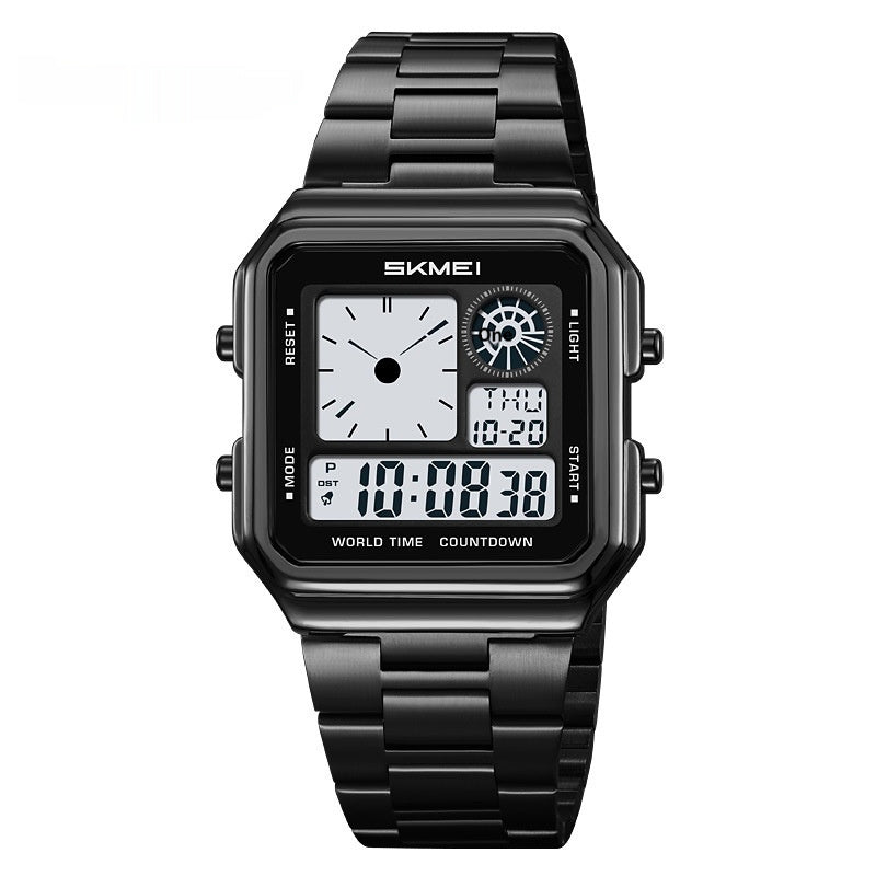 Reloj despertador cuadrado dorado resistente al agua con correa de acero y pantalla digital luminosa.
