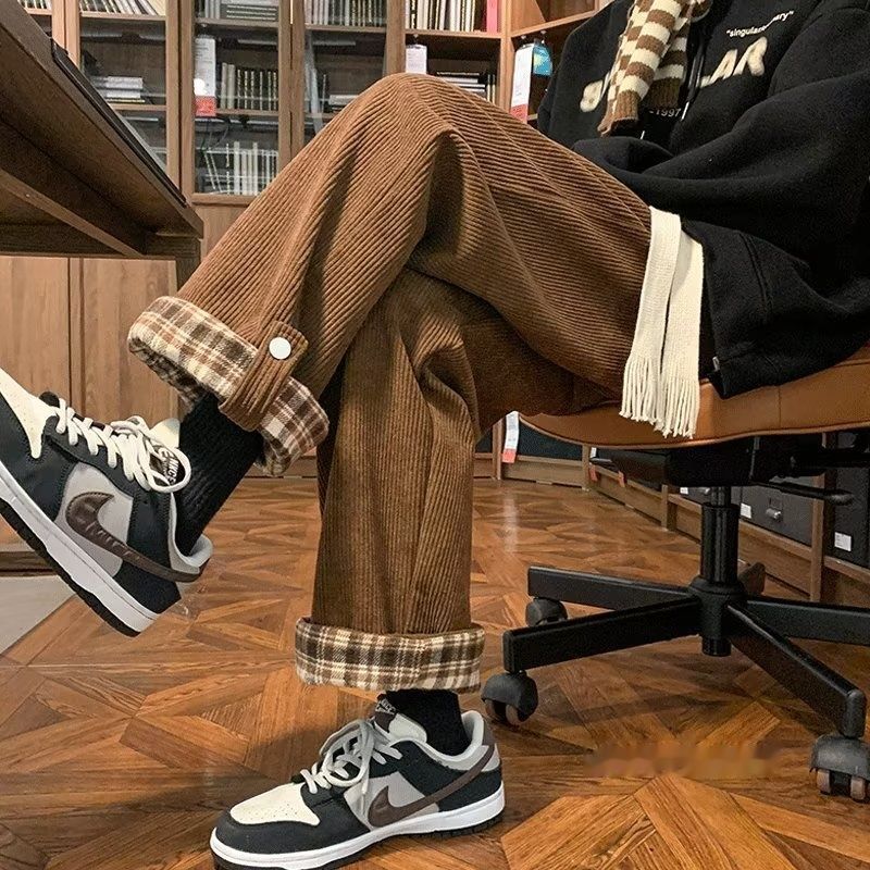 Pantalones casuales vintage holgados de pierna recta con puños a cuadros para hombre