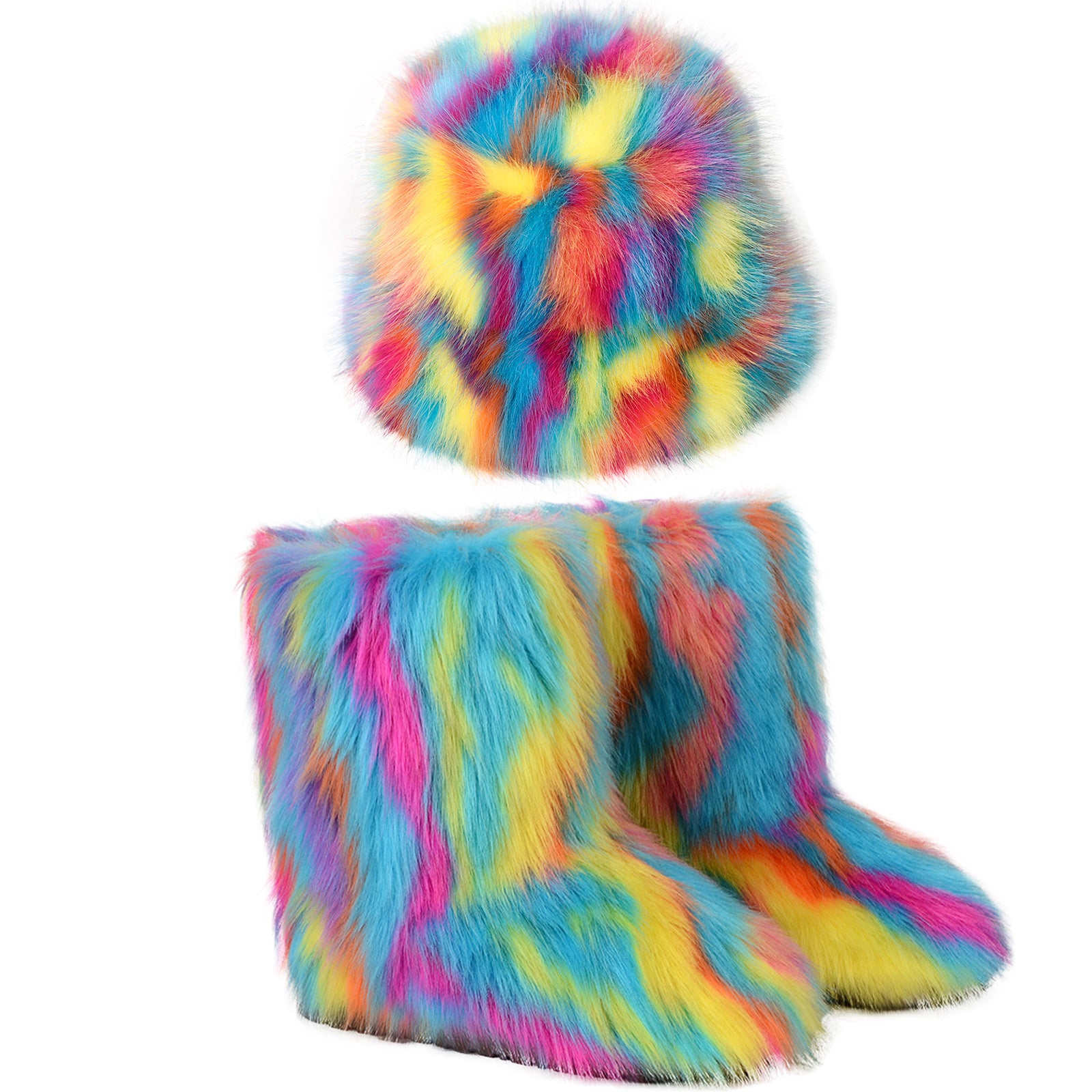 Botas de felpa cálidas con gorro de pescador de piel de color