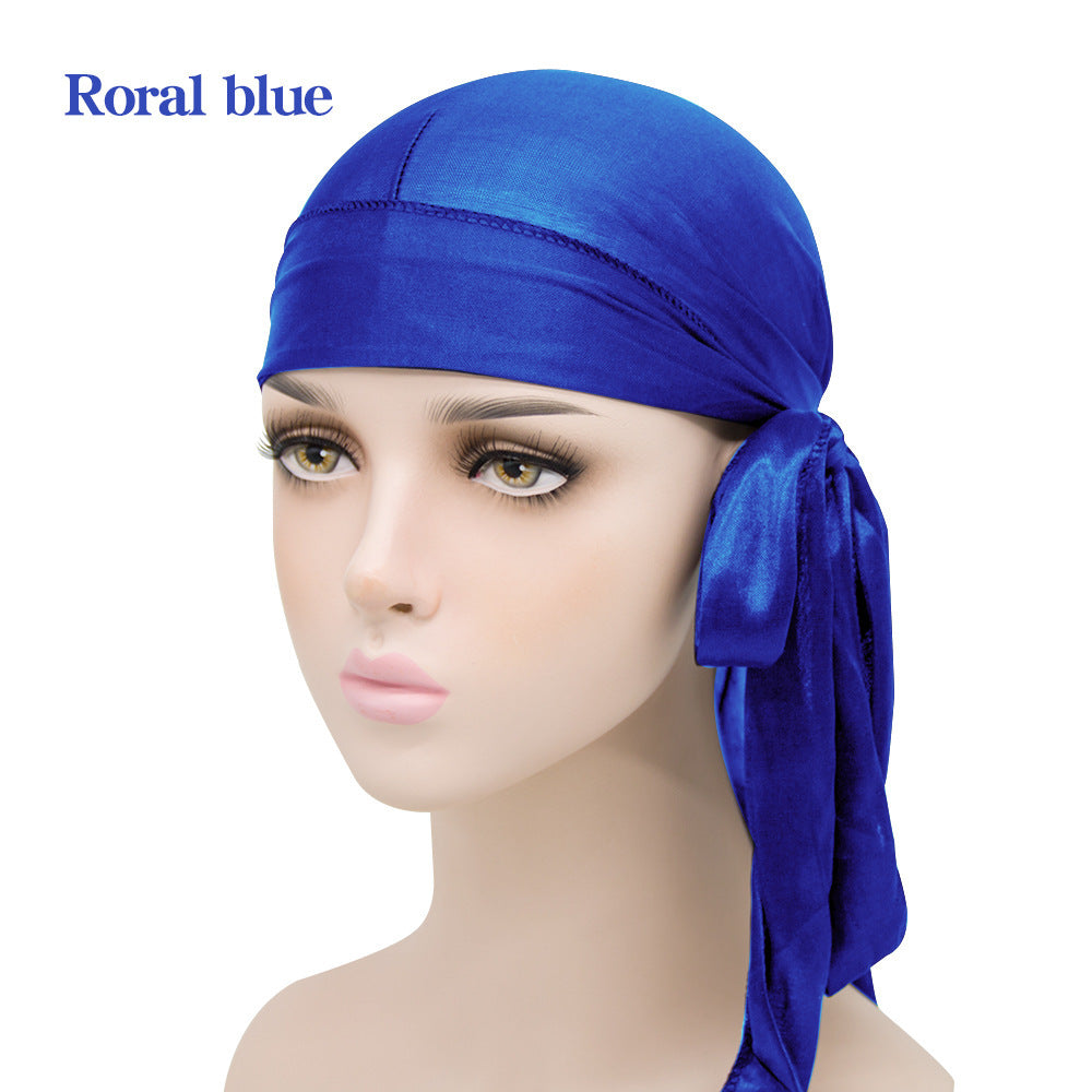 Gorro pirata elástico de cola larga de satén unisex y turbante hip hop para hombre y mujer, bandana elástica para disfraz y moda.