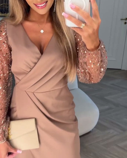 Vestido de noche ajustado con escote en V y color liso para mujer