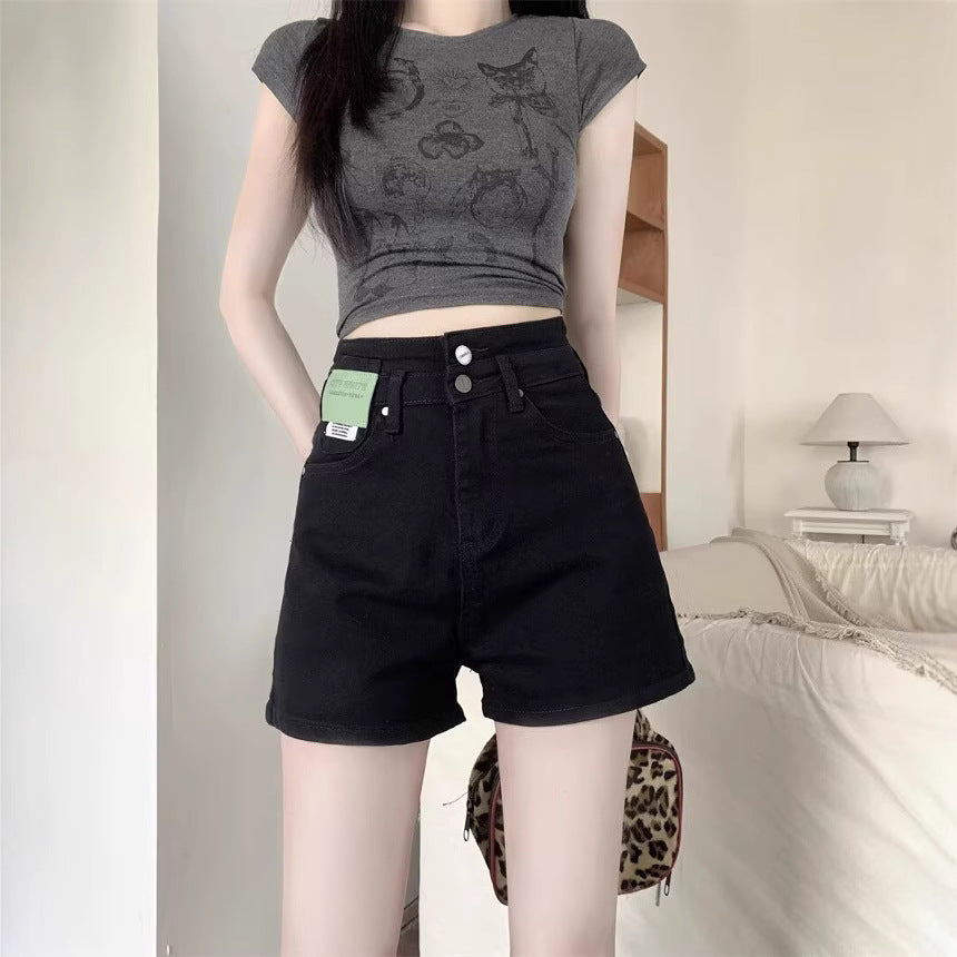 Shorts vaqueros negros de cintura alta para mujer, estilo ligero primavera-verano