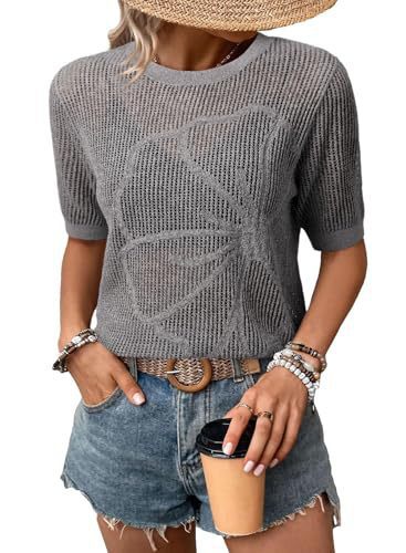 Top de punto de manga corta con cuello redondo de verano para mujer