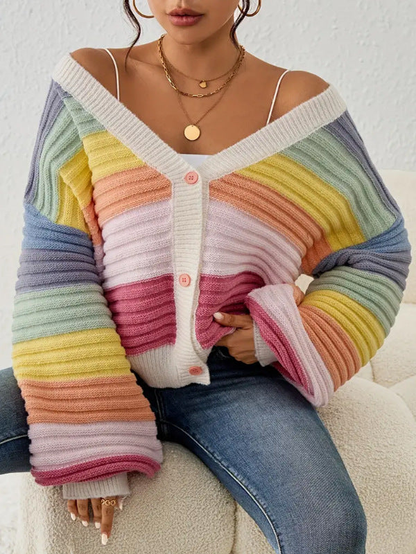 V Neck Sweater Knitted Top With Rainbow Stripes And Single Breasted Buttons Womens Outerwear
