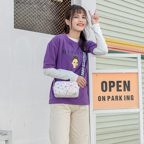 Bolso para cámara con correa de letras, estampado geométrico radiante y colorido