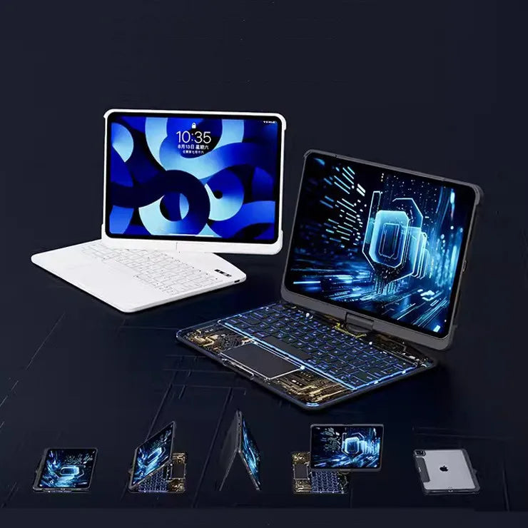 Funda transparente con teclado giratorio de 360 ​​grados para iPad, teclado inteligente con trackpad, compatible con Bluetooth y ranura para lápiz.