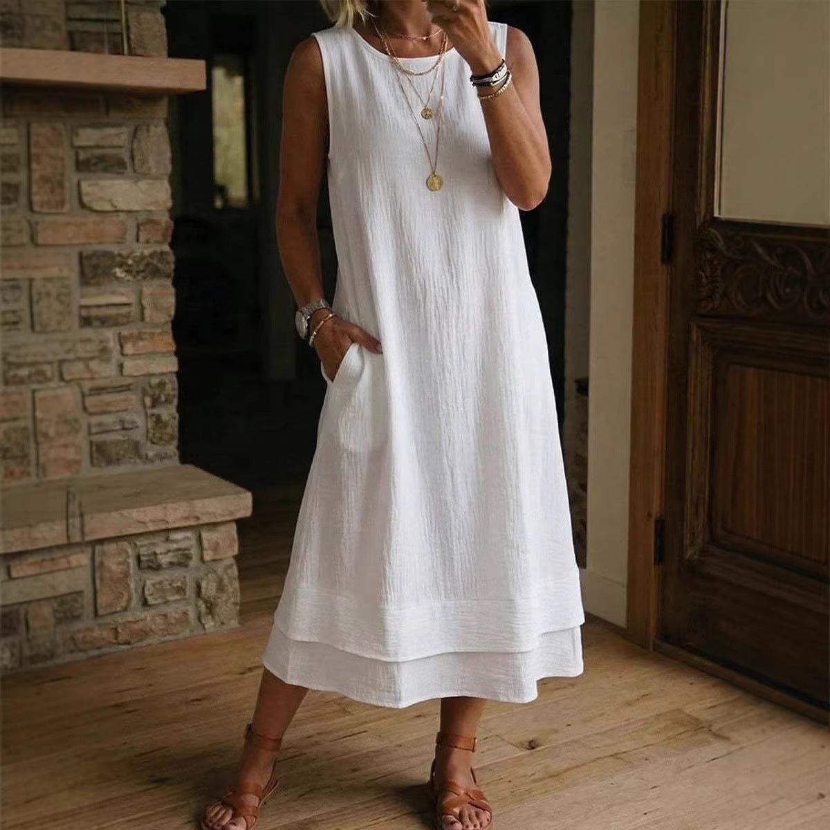 Women's Fashion Casual Cotton-Linen Crew-Neck Sleeveless Dress