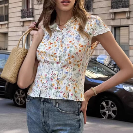 Women's Floral Print Lace-Patchwork V-Neck Shirt