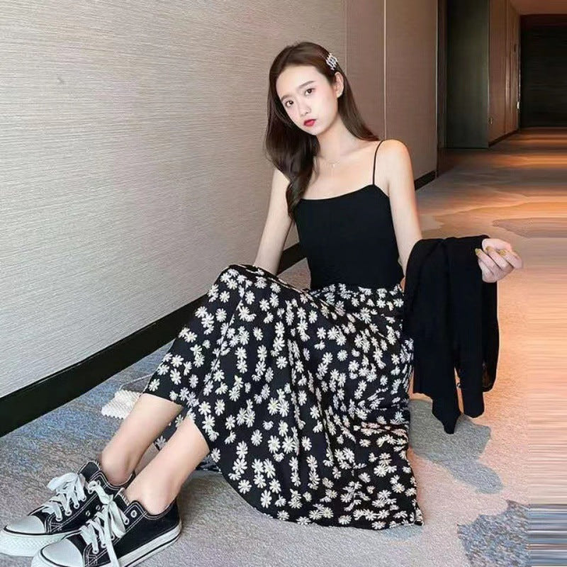Womens Floral A-line Medium To Long Black Skirt