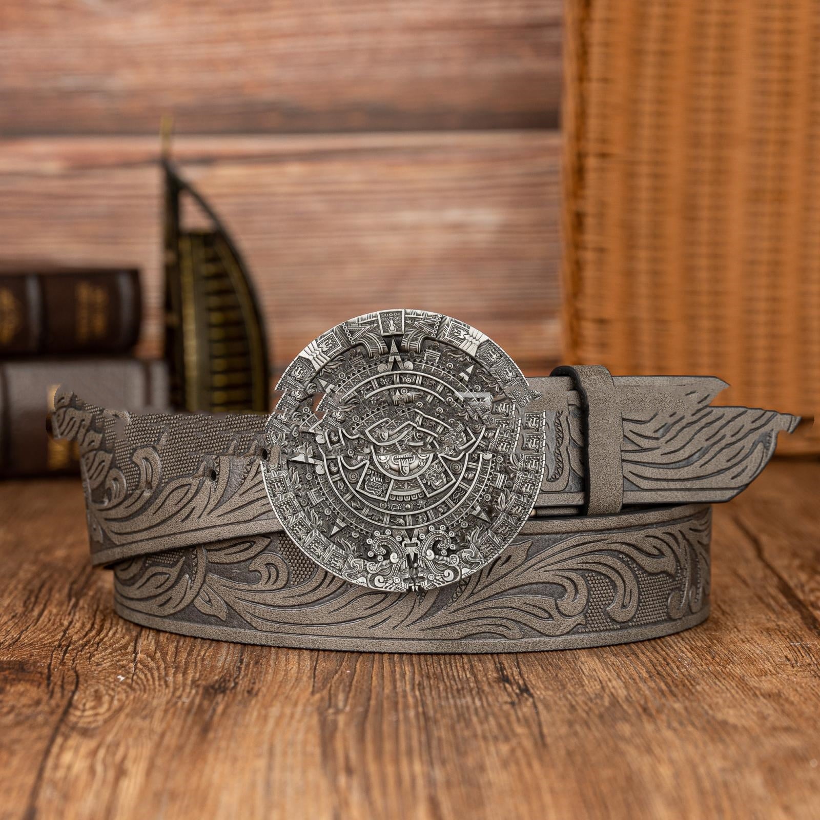 Aztec Sun Calendar Stone Buckle Retro PU Leather Belt