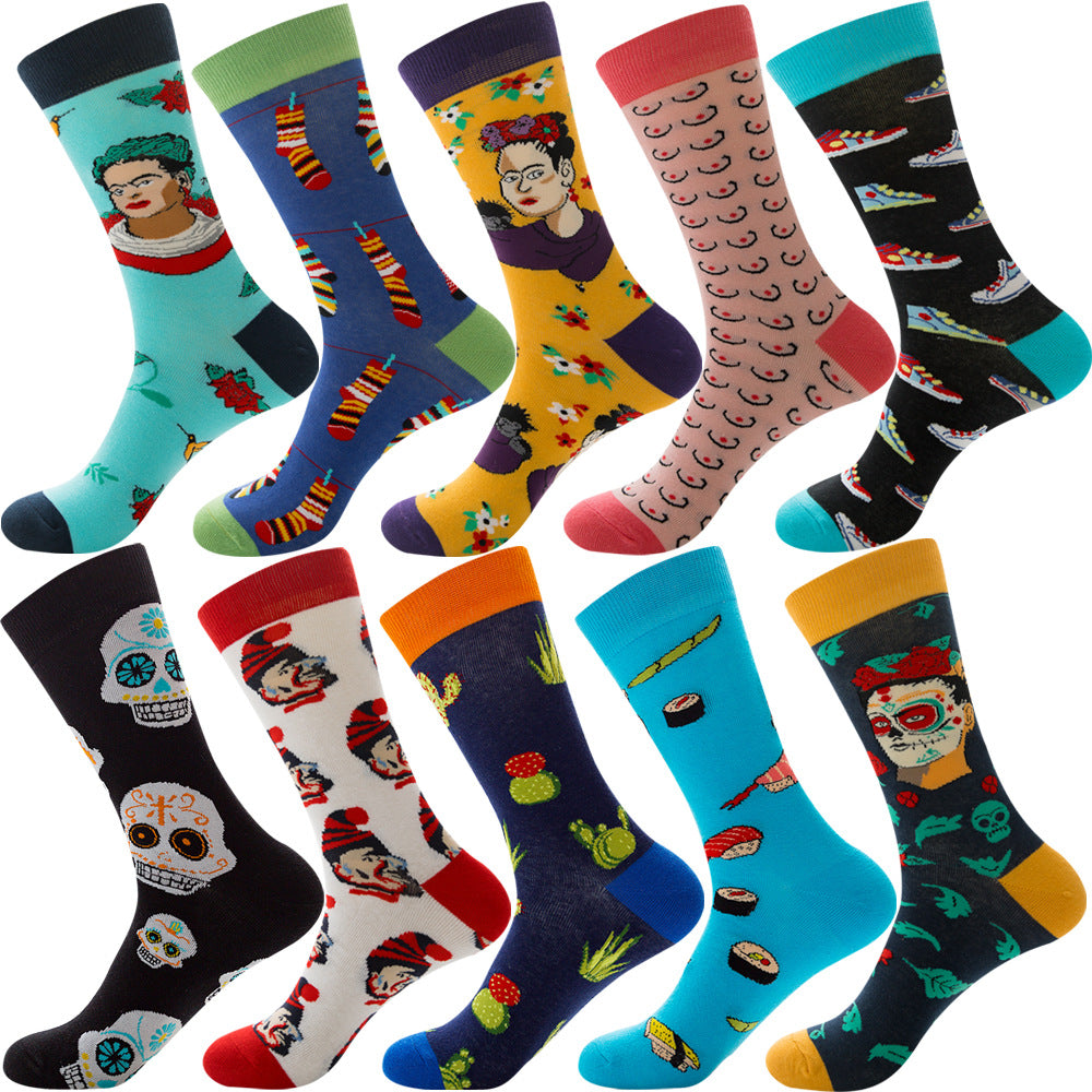 Calcetines de otoño para hombre con estampado de rombos y temática navideña de animales y frutas.