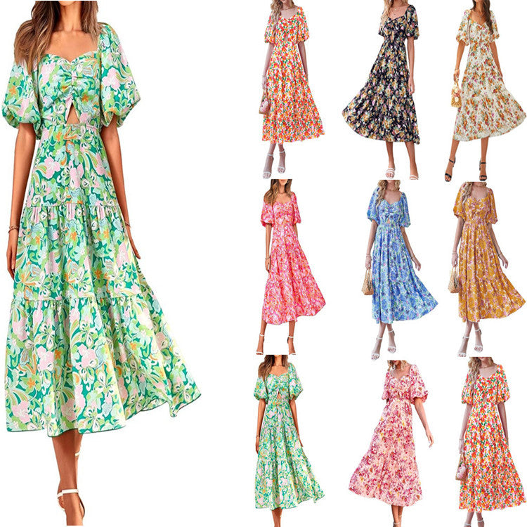 Floral Pleated Puff Sleeve Dress