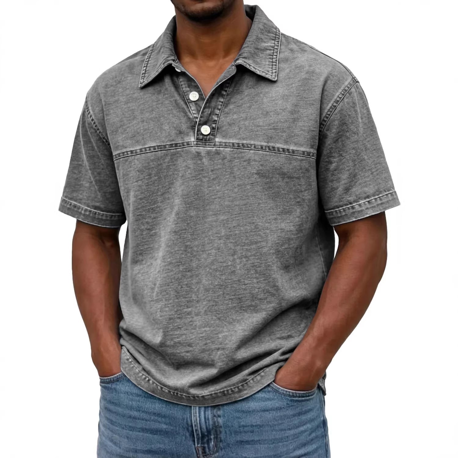 Polo vintage de manga corta con solapa y color liso para hombre