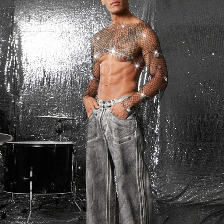 Camiseta de malla transparente calada para hombre con diseño calado, brillantes diamantes de imitación y lentejuelas.