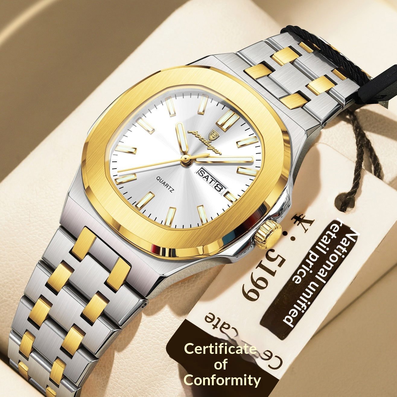 Reloj ultrafino con características impermeables y luminosas.