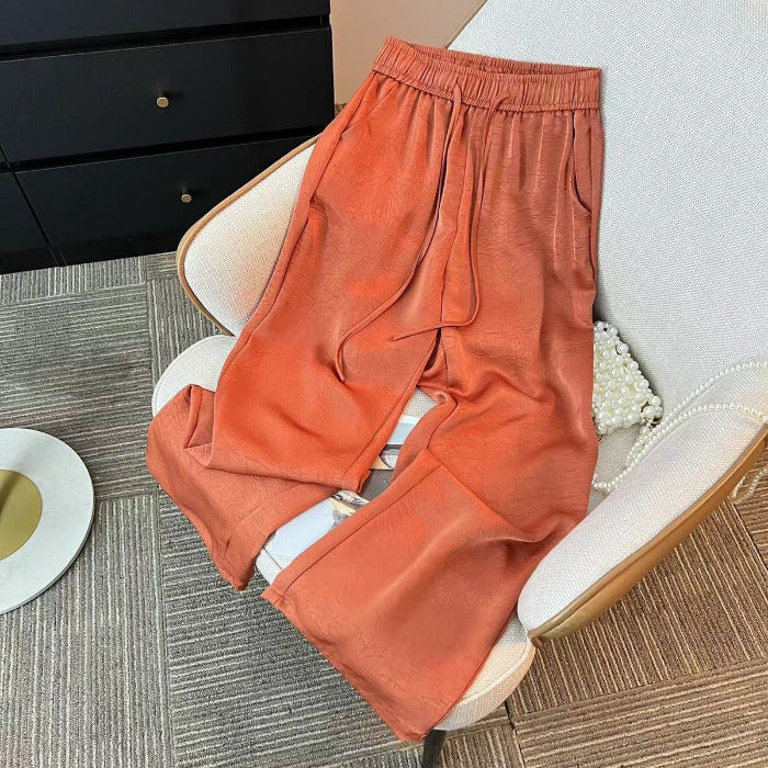 Pantalones de satén jacquard de pierna ancha de seda de hielo estilo chino para mujer