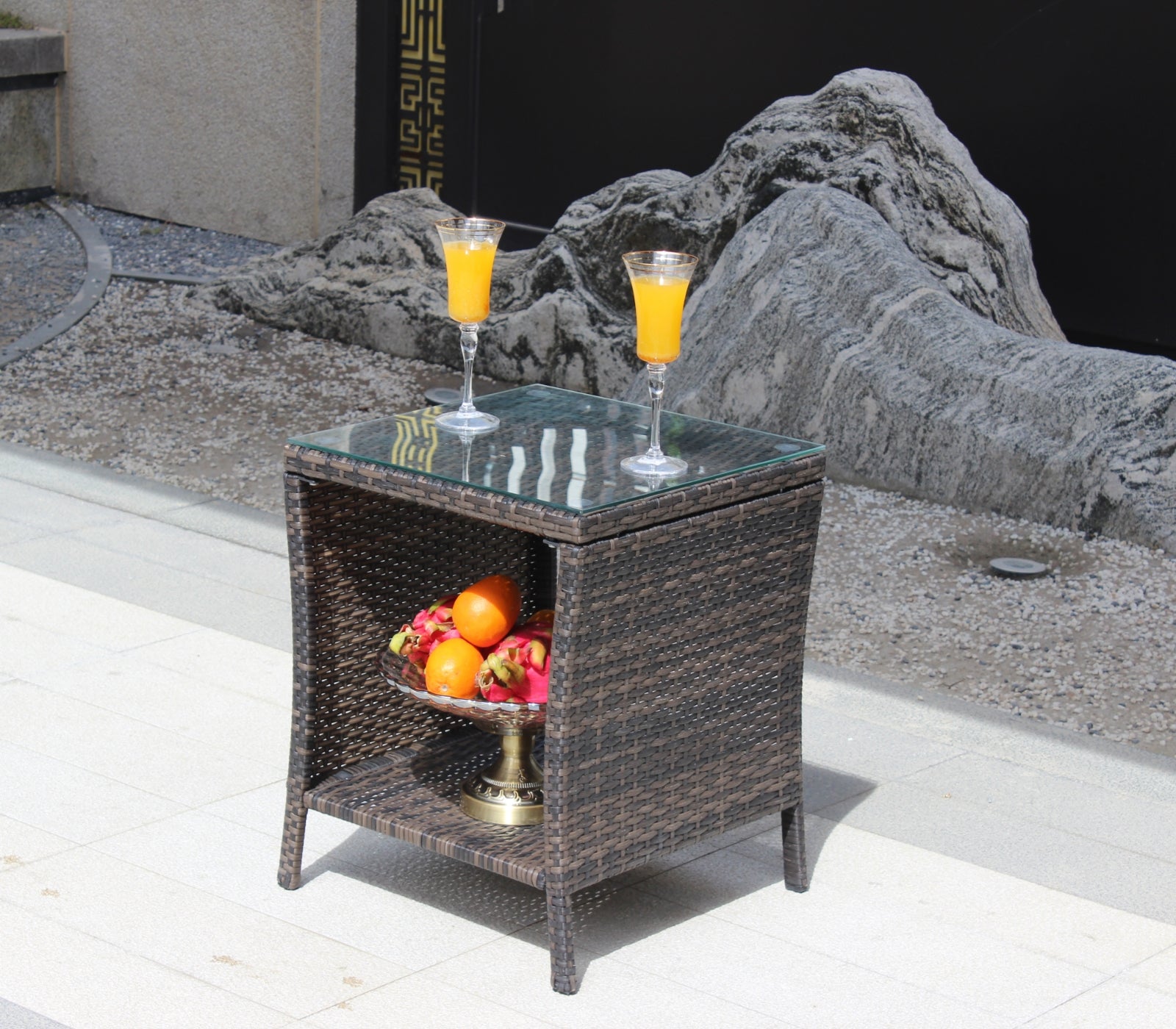 Muebles de exterior para patio, 1 mesa de centro con vidrio templado transparente