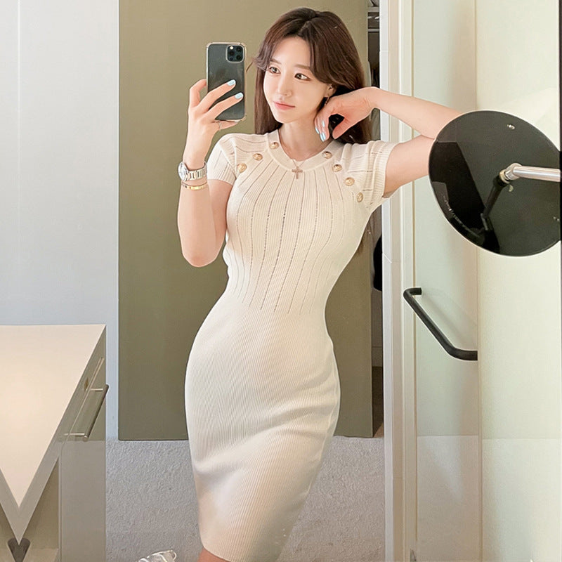 Vestido estilo suéter de manga corta calado para mujer, estilo coreano