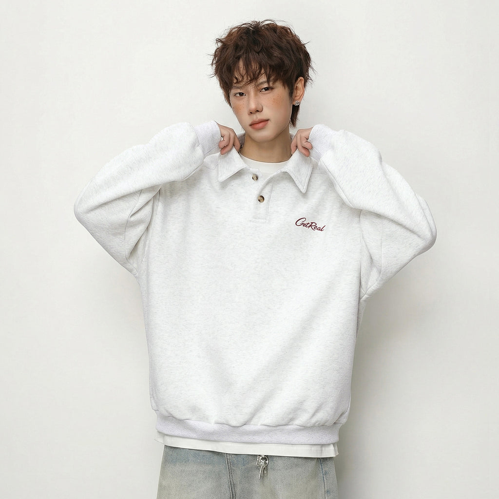 Letter-printed Lapel-button Long-sleeve Hoodie