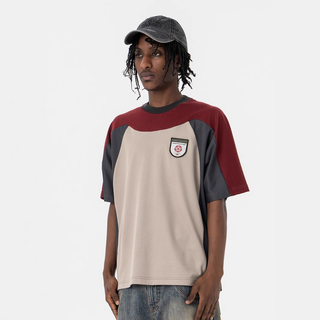 Retro Three-Color Patchwork Design Crew Neck Short Sleeves