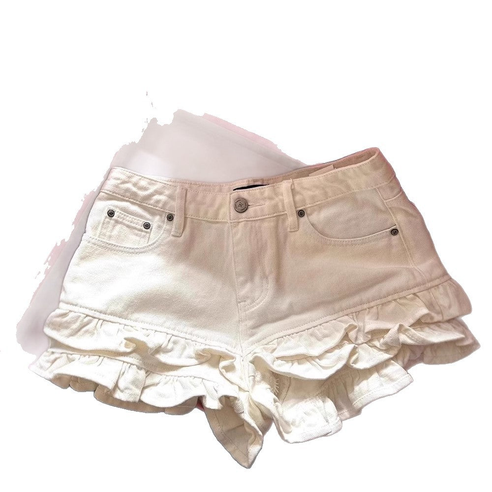White Ruffled Panel Denim Shorts