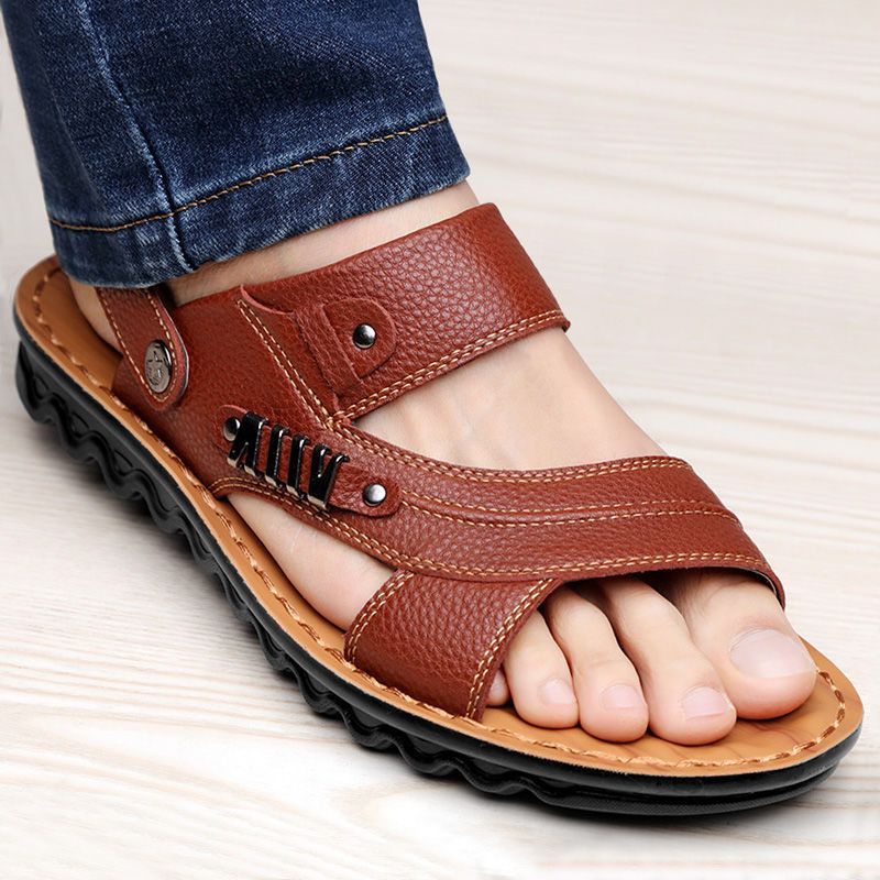 Sandalias de piel de vaca de primera capa para hombre, zapatos de playa, zapatillas antideslizantes