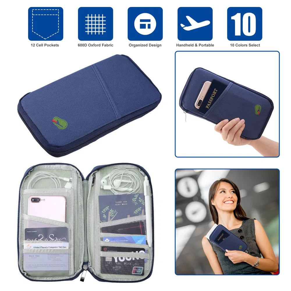 Cartera para pasaporte de viaje, 12 compartimentos, porta billetes, identificación, tarjetas de crédito, documentos impermeables, organizador de teléfono.