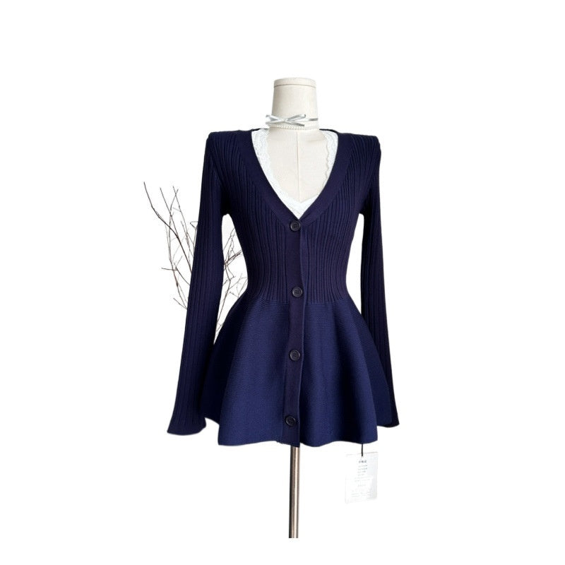 Navy Blue Waist-Cinching Low-Neck All-Match Long-Sleeve V-Neck Knitted Cardigan