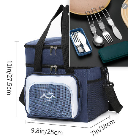 Bolsa de almuerzo azul marino con juego de cuchillo, tenedor y cuchara 