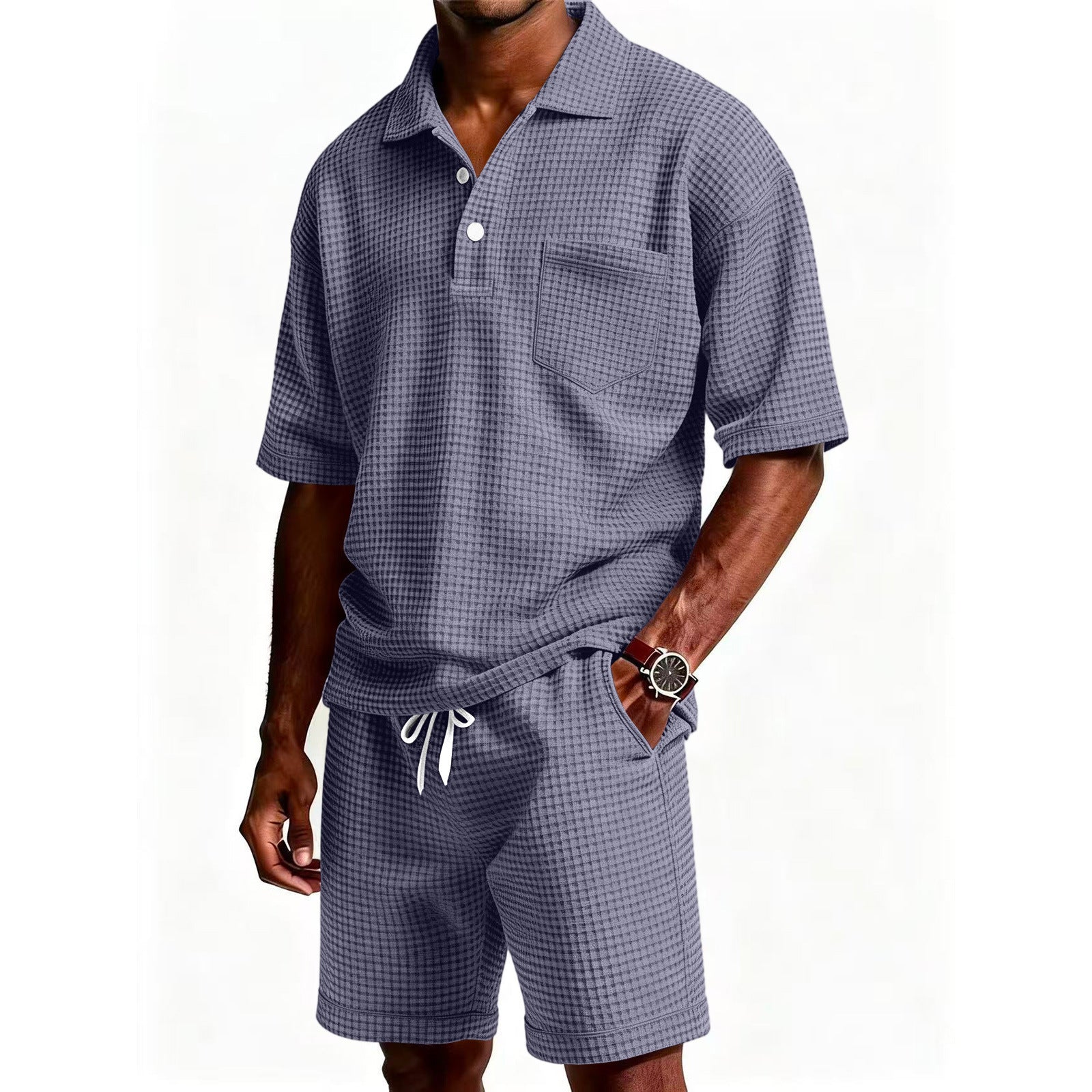 Men's Solid Color Lapel Short-Sleeve Shorts Set