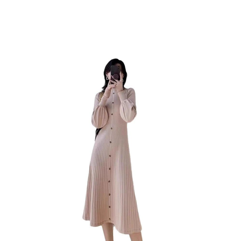 Vestido de punto de manga larga con cuello alto para otoño e invierno