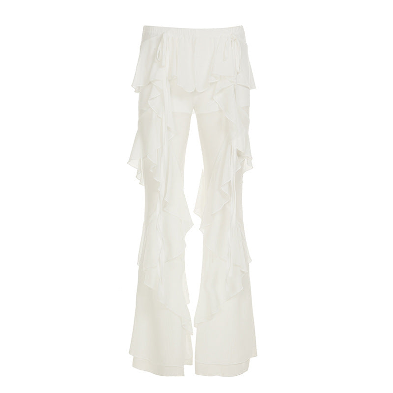 Pantalones de malla en capas con volantes para mujer