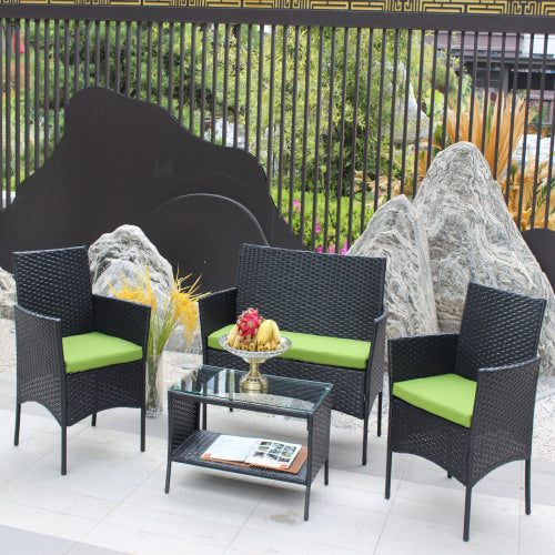 Juego de 4 muebles de patio de ratán con asiento acolchado para exteriores, sofá de mimbre con cojín verde
