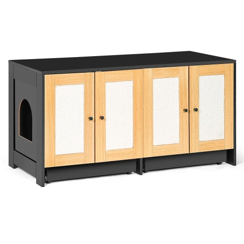 Recinto para arenero doble, para 2 gatos, mueble oculto con puertas de ratán, 121 cm de largo x 59 cm de ancho x 55 cm de alto, color negro