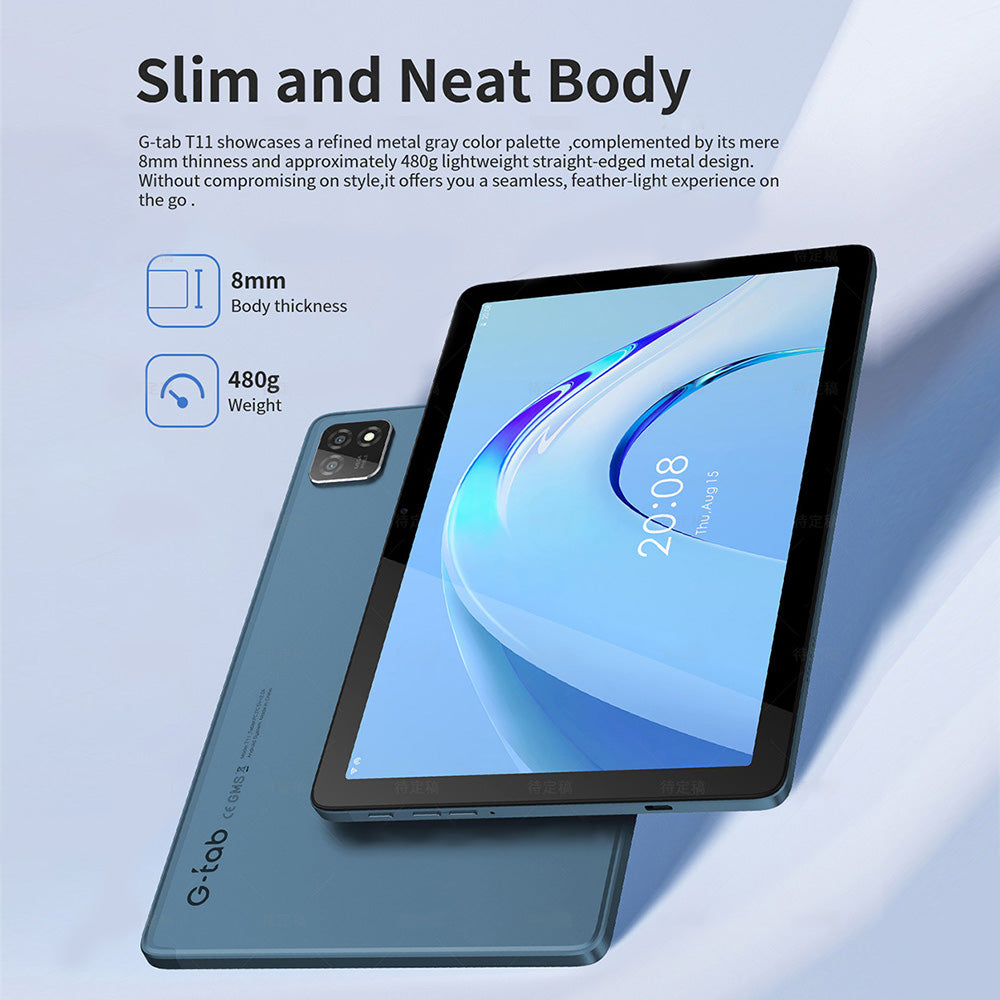 G tab T11 Android 14 Tablet 10.1 Inch 1280&800 IPS Screen Unisoc 8 Core Max 1.6GHz 8GB RAM 4GB&4GB Expansion128GB ROM 2.4&5GHz WiFi Bluetooth 5.0 6580mAh Battery 8MP&13MP Camera Dual 4G