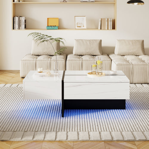 Mesa de centro de alto brillo, estructura efecto mármol blanco con elevadores negros a juego, mueble de salón con sistema de iluminación LED controlado por app.