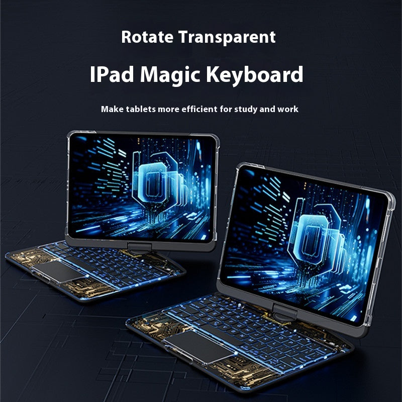Funda transparente con teclado giratorio de 360 ​​grados para iPad, teclado inteligente con trackpad, compatible con Bluetooth y ranura para lápiz.