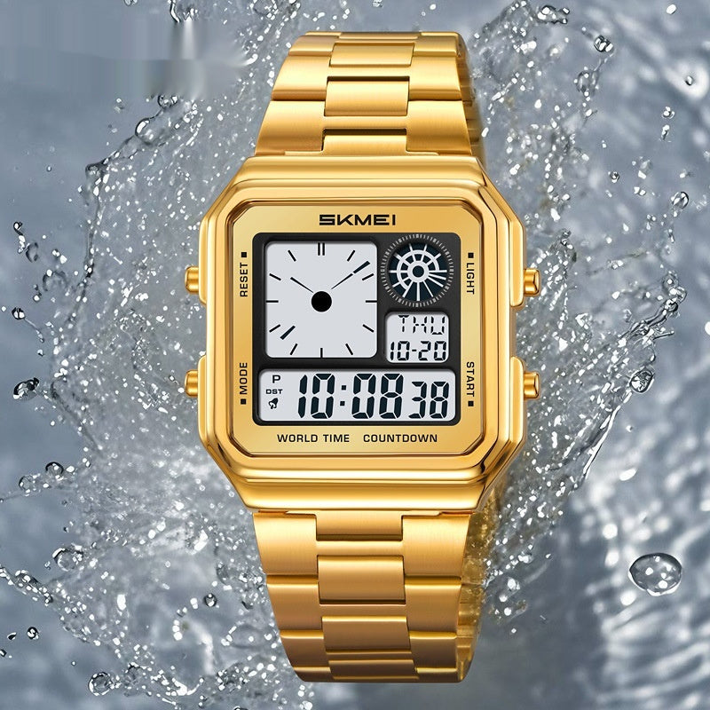 Reloj despertador cuadrado dorado resistente al agua con correa de acero y pantalla digital luminosa.