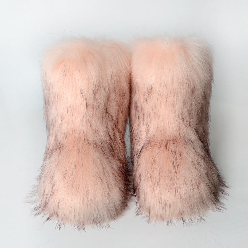 Botas de nieve de invierno con imitación de piel de mapache integrada para mujer, zapatos mullidos, botas de media caña para exteriores