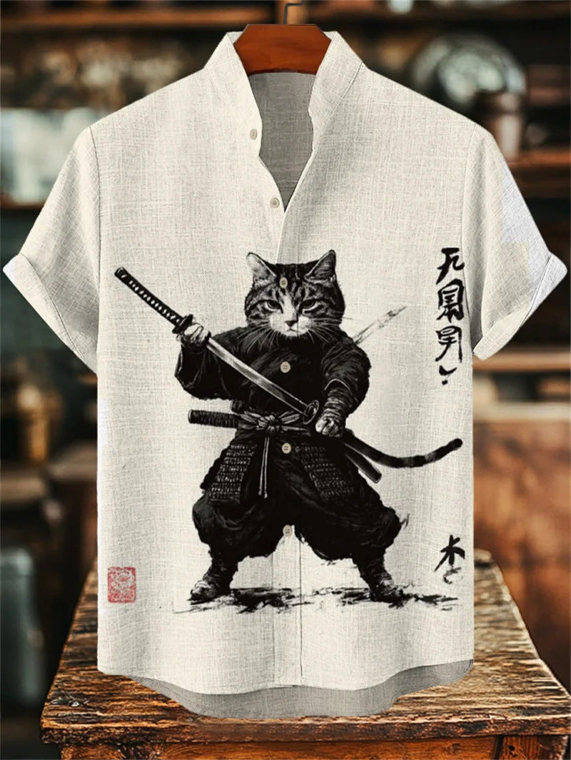 Mens Printed Short-Sleeve Stand-Up Collar Top