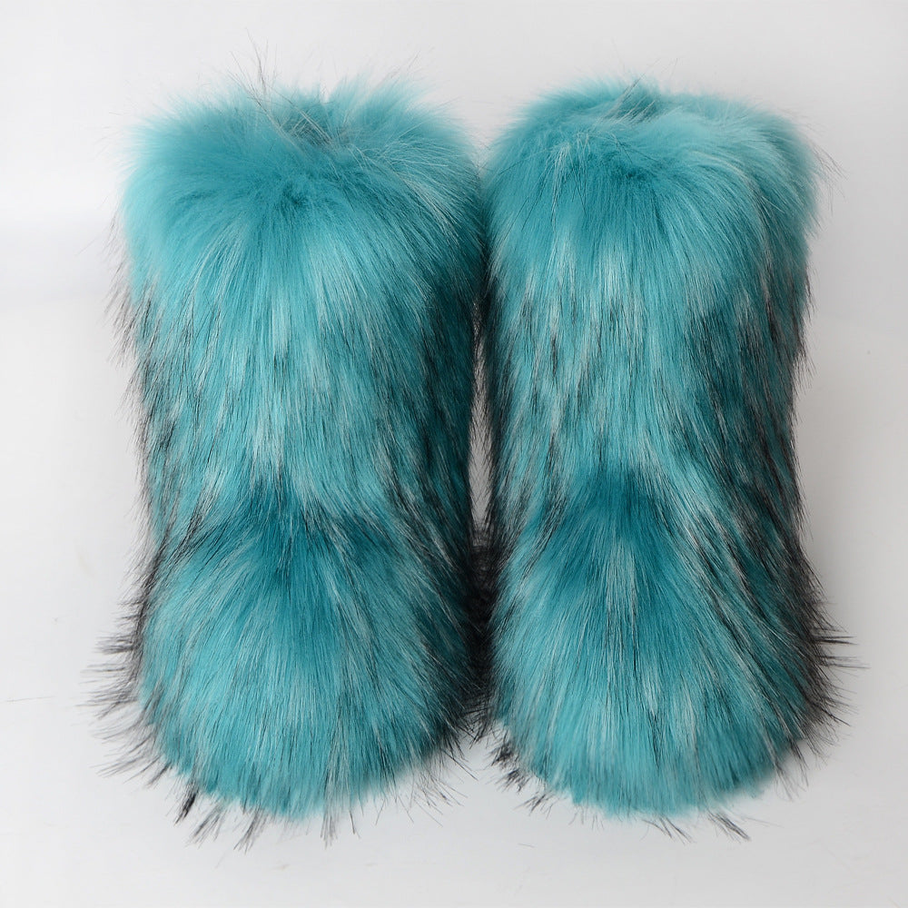 Botas de nieve de invierno con imitación de piel de mapache integrada para mujer, zapatos mullidos, botas de media caña para exteriores
