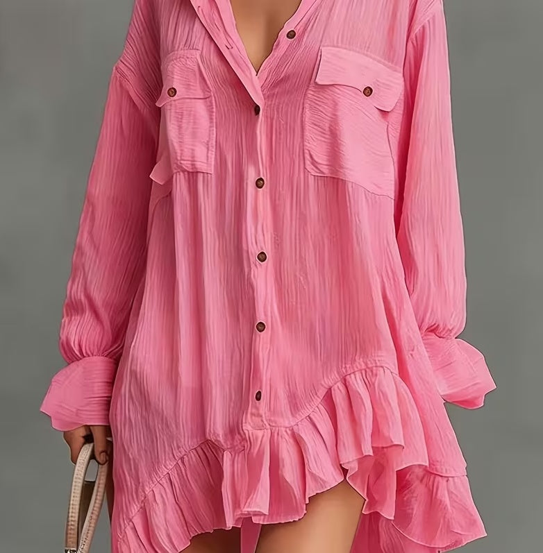 French-style Relaxed Pleated Loose Shirt Dress For Women