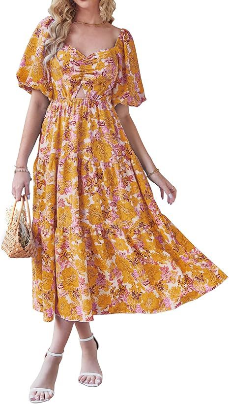 Floral Pleated Puff Sleeve Dress
