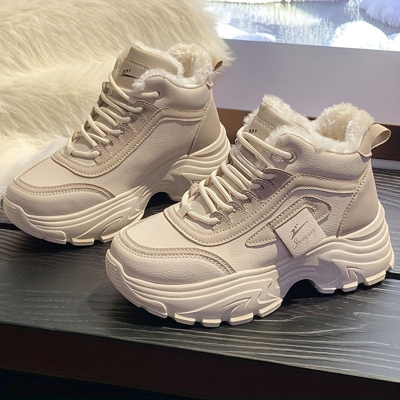 Zapatos deportivos de caña alta, informales y cálidos de algodón con forro polar para mujer